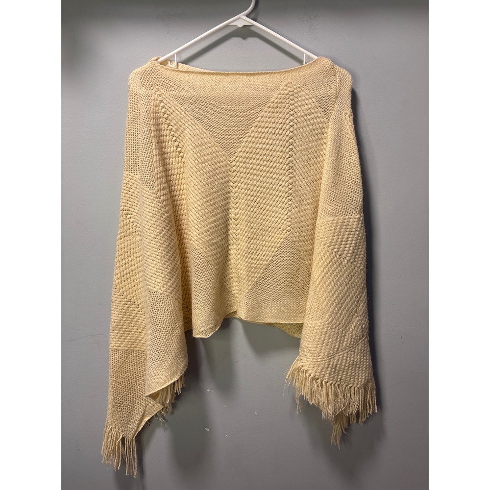 Cream Knit Fringe Poncho Top Textured Boho Boat Neck Acrylic Wrap One Size